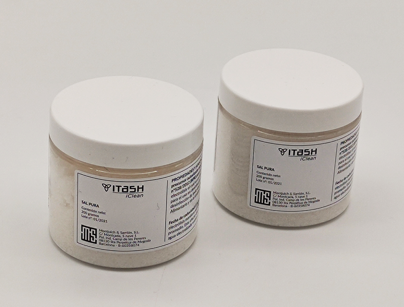 Dos botes de sal de 200 gramos de Itash iClean - Elimina el SARS-CoV-2 (Covid19) en 30 segundos con un 99,99% de eficacia.